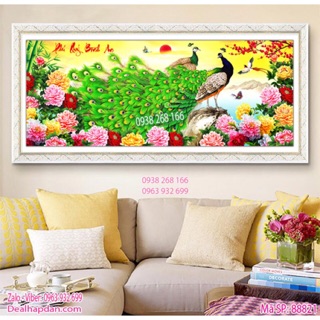 Tranh đính đá chim công xanh 115x50cm( kèm hình thật)