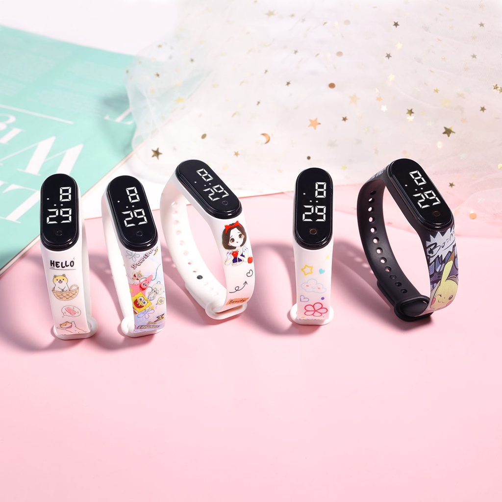 Đồng Hồ Đeo Tay Thông Minh Màn Hình Kỹ Thuật Số Có Đèn Led Dây Silicon In Họa Tiết Hoạt Hình Chống Thấm Nước Cho Bé