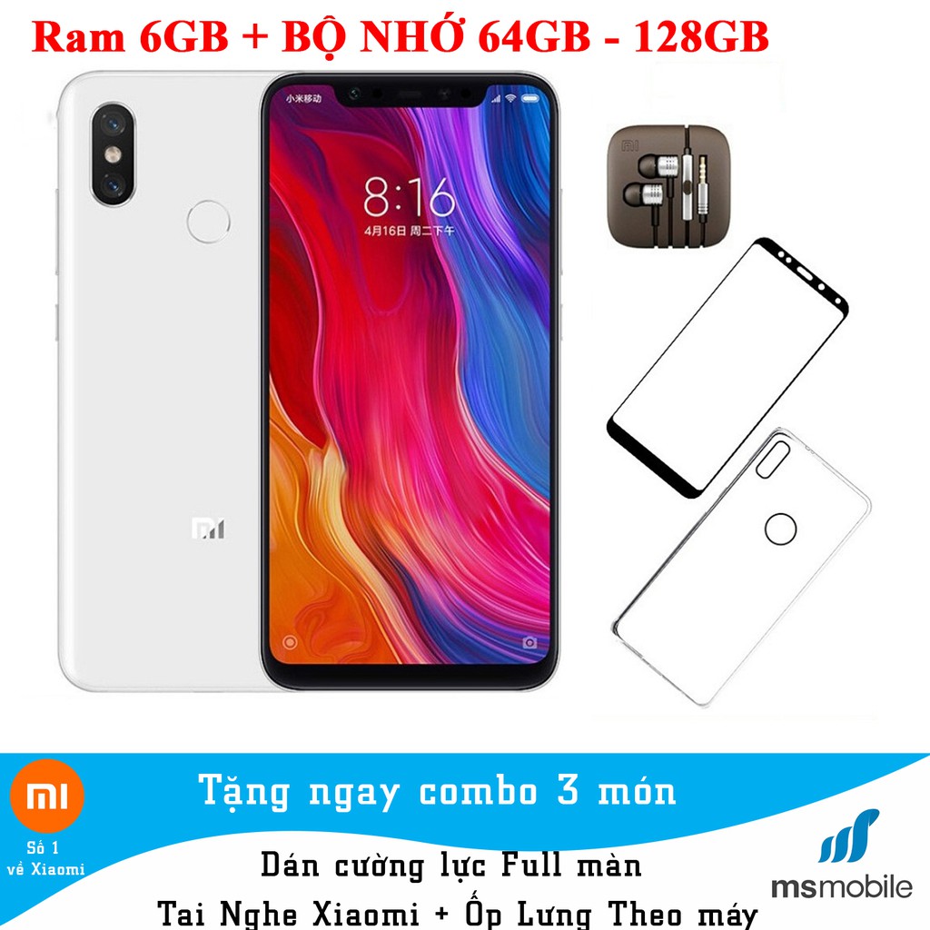 [Mã ELMT6 giảm 4% đơn 6Tr] ĐIỆN THOẠI XIAOMI MI 8 6GB 64GB + CƯỜNG LỰC + TAI NGHE