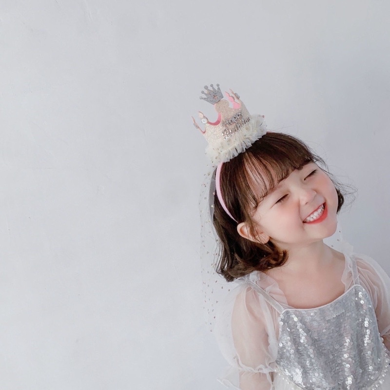 Cài bờm tóc Happy Birthday - vương miện kim tuyến-nón kim tuyến