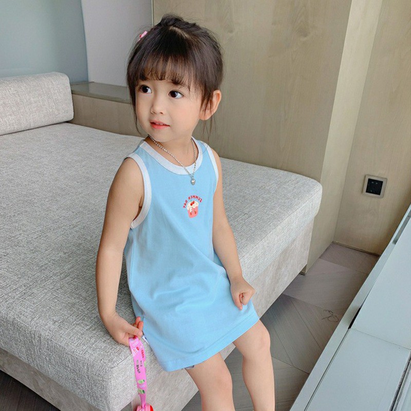 Đầm không tay in họa tiết hoạt hình phong cách Hàn Quốc cho bé gái