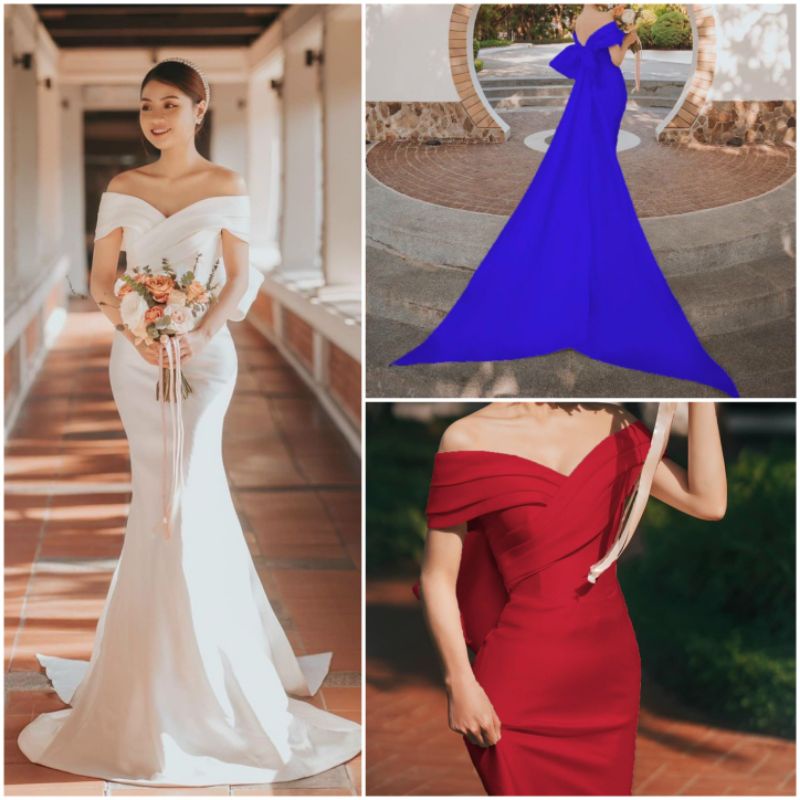 Đầm váy body đuôi cá, dạ hội, cô dâu đi bàn bẹt vai nơ lưng to sang trọng