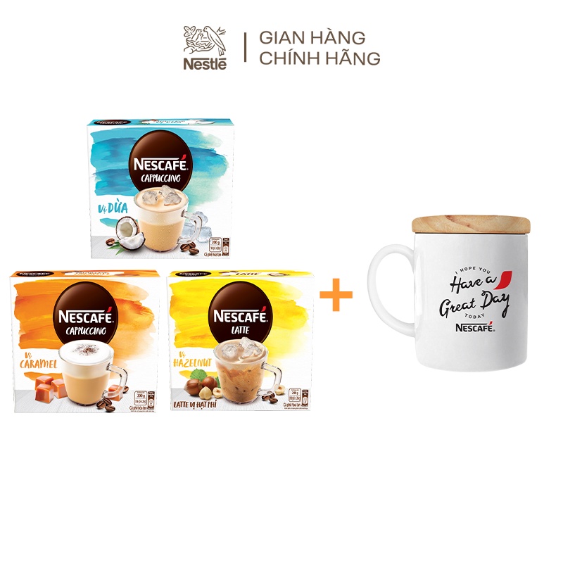 Combo 3 hộp cà phê hòa tan Nescafé Nestle bao bì mới: 1 Cappuccino dừa+Cappuccino caramel+Latte hạt phỉ
