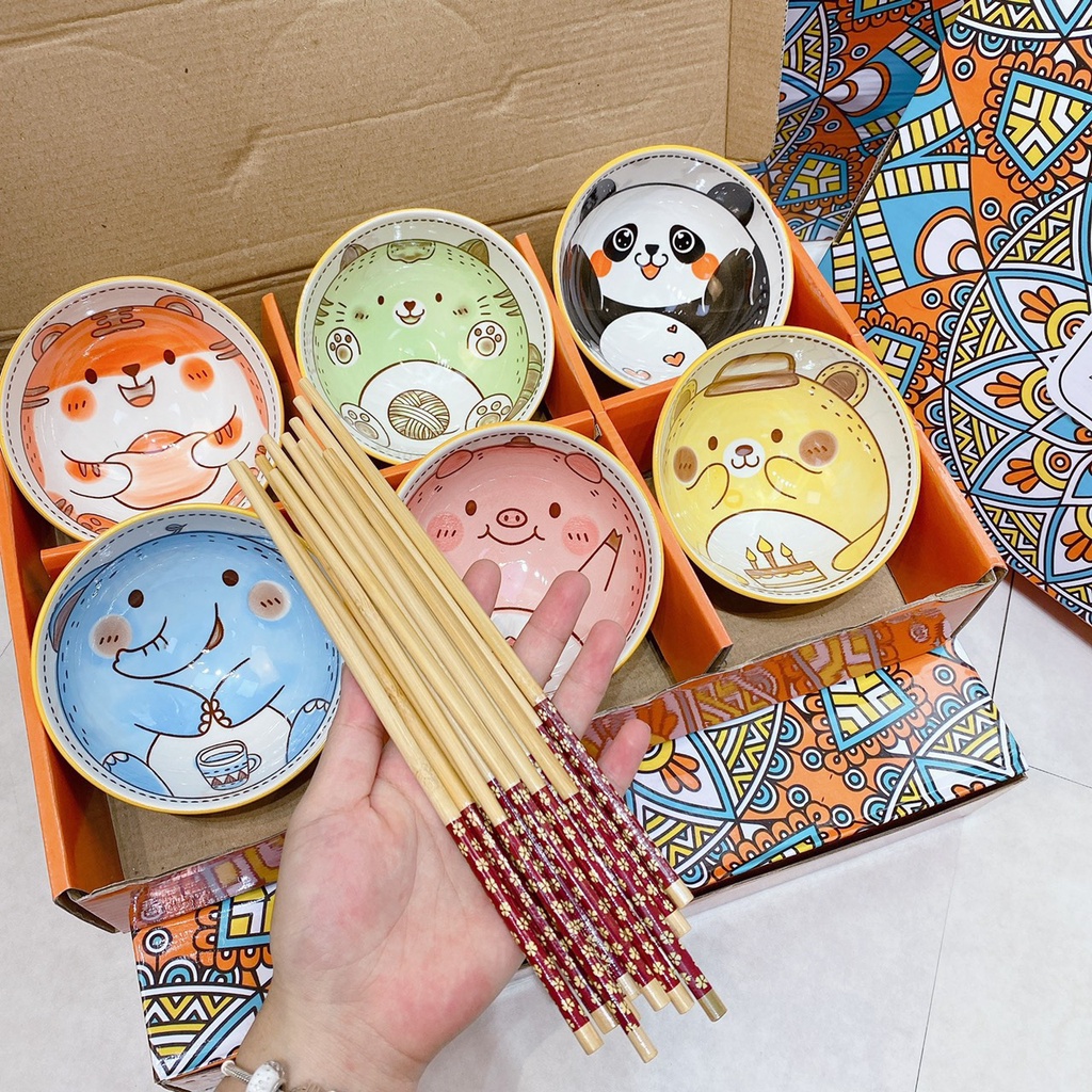 Bộ 6 bát ăn cơm hoạ tiết dễ thương cho bé tráng men cao cấp