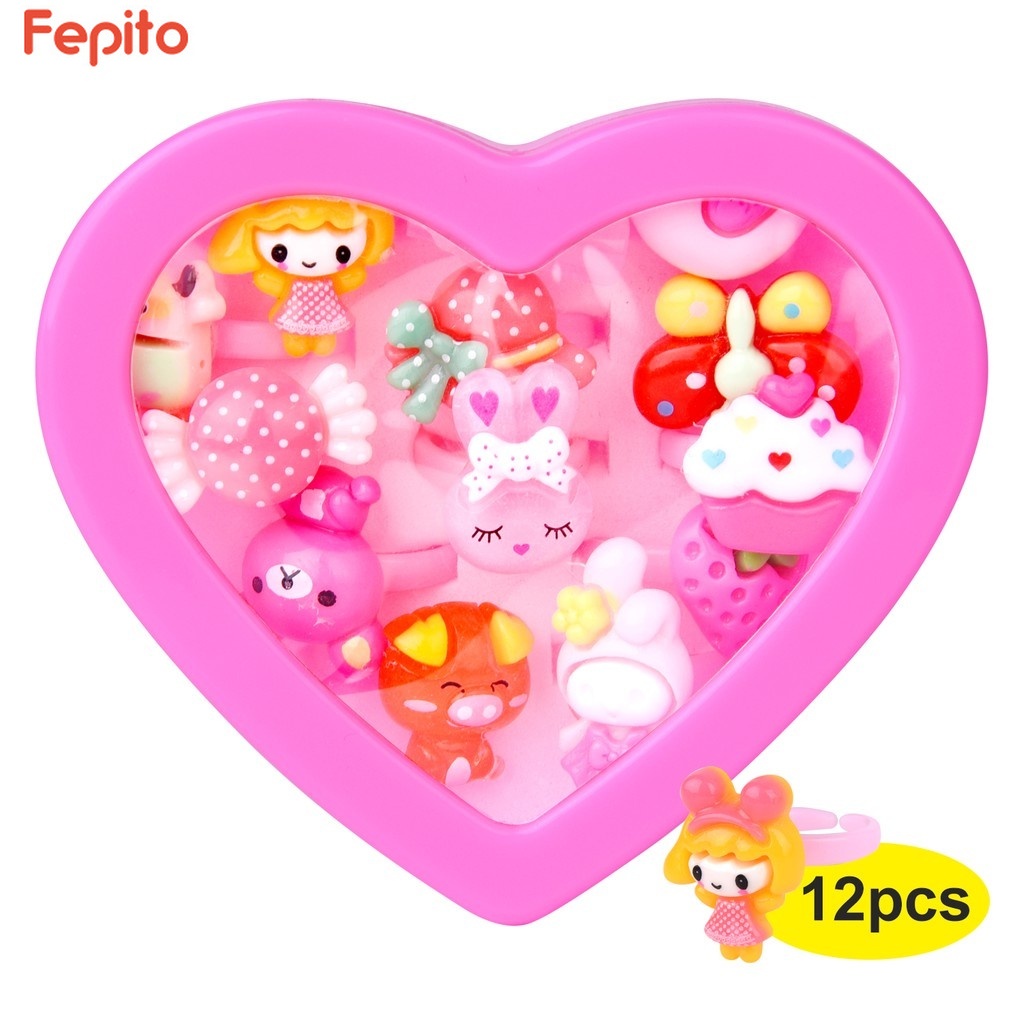 Set 12 nhẫn nhựa họa tiết trái cây / động vật hoạt hình kèm hộp đựng cho bé gái