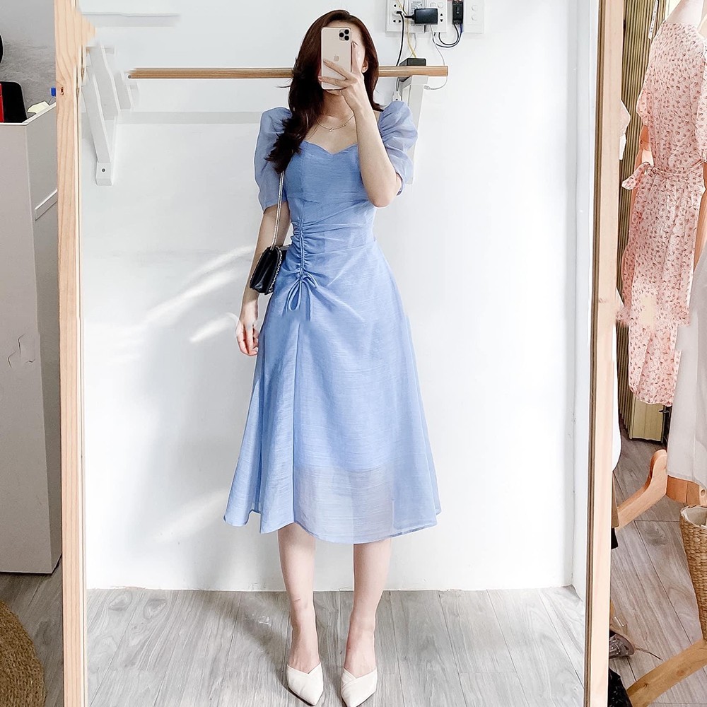 Đầm váy nữ Trắng midi cổ tim rút eo hông phong cách xinh đẹp. | BigBuy360 - bigbuy360.vn