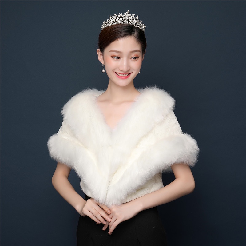 Khăn Choàng Lông Chồn Giả Mềm Mại Màu Trắng Dễ Phối Đồ Thu Đông Dày Dặn Cho Cô Dâu Batch.A5