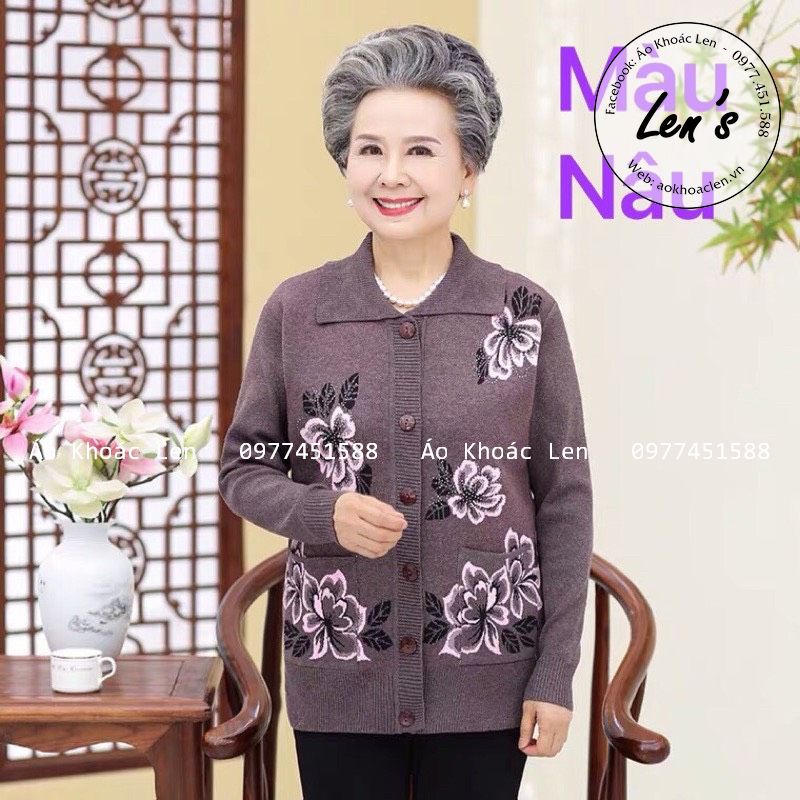 Áo Khoác Len Trung Niên Và Lớn Tuổi Cổ Bẻ Hoa To, Áo Khoác Cho Bà