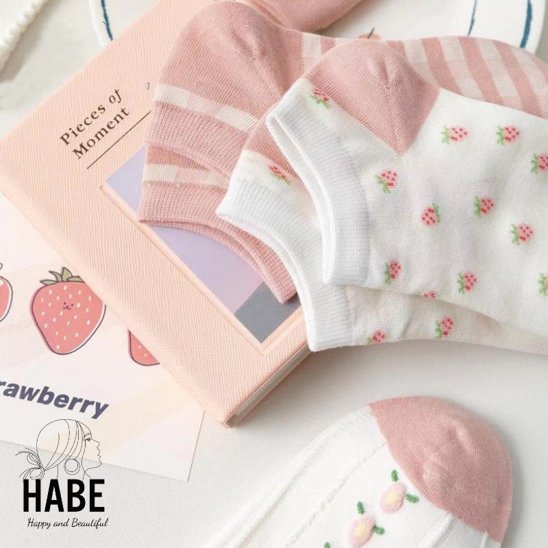 Set 6 đôi tất vớ nữ cotton Hàn Quốc cổ ngắn khử mùi thông hơi hoạ tiết cute dễ thương HABE TV02