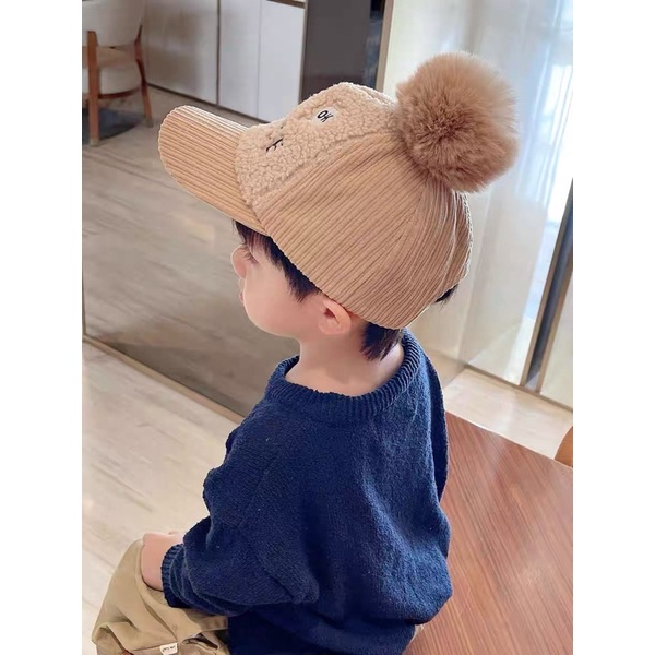 Mũ len lưỡi trai lông xù quả bông cho bé trai bé gái thêu các hình dễ thương , phù hợp 5 tháng - 4 tuổi