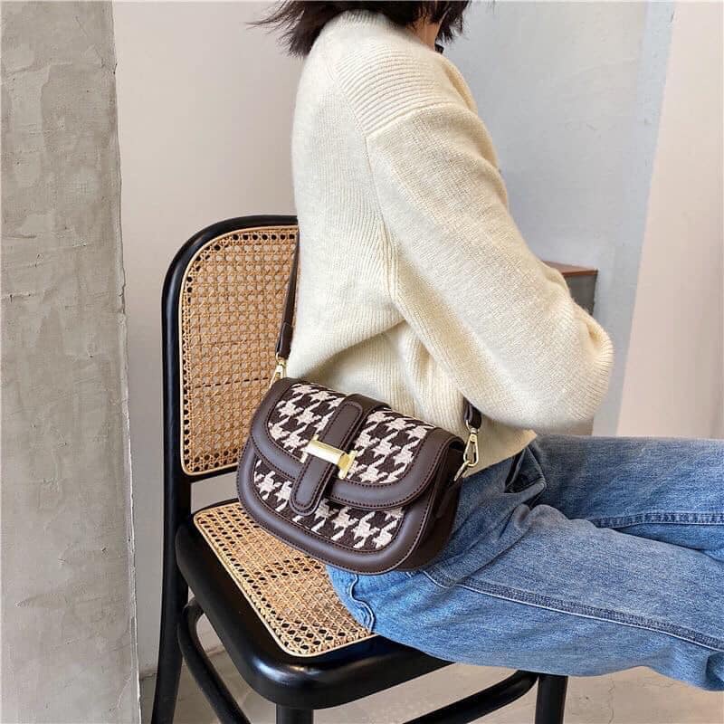Túi Đeo Chéo Da PU Họa Tiết Caro Phong Cách Retro Cho Nữ