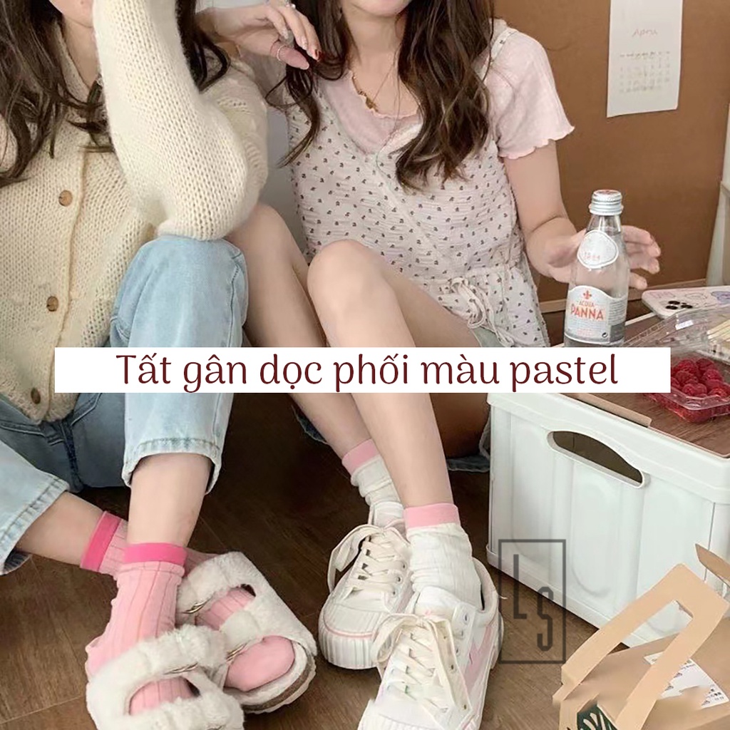 Tất Trơn Gân Màu Pastel - Vớ Cổ Trung Pastel Phối Màu