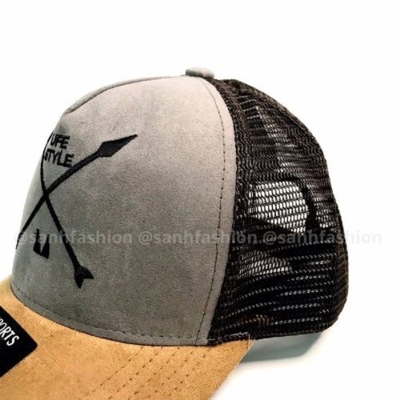Mũ lưỡi trai thêu hình chữ LIFE STYLE Nón kết chất da lộn vá lưới thời trang cao cấp form unisex nam nữ K34