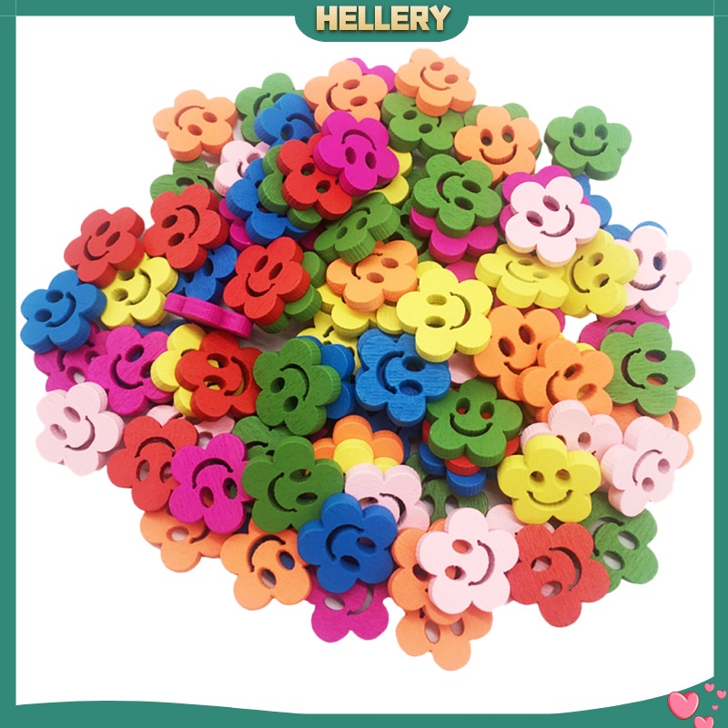 Set 100 Nút Gỗ 2 Lỗ 20mm Hình Bông Hoa / Mặt Cười Dễ Thương Dùng Trang Trí DIY