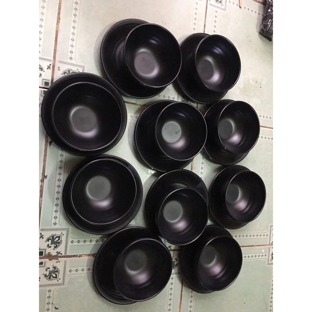 10 bộ chén và dĩa úp chén melamine màu đen nhám kiểu Hàn Quốc