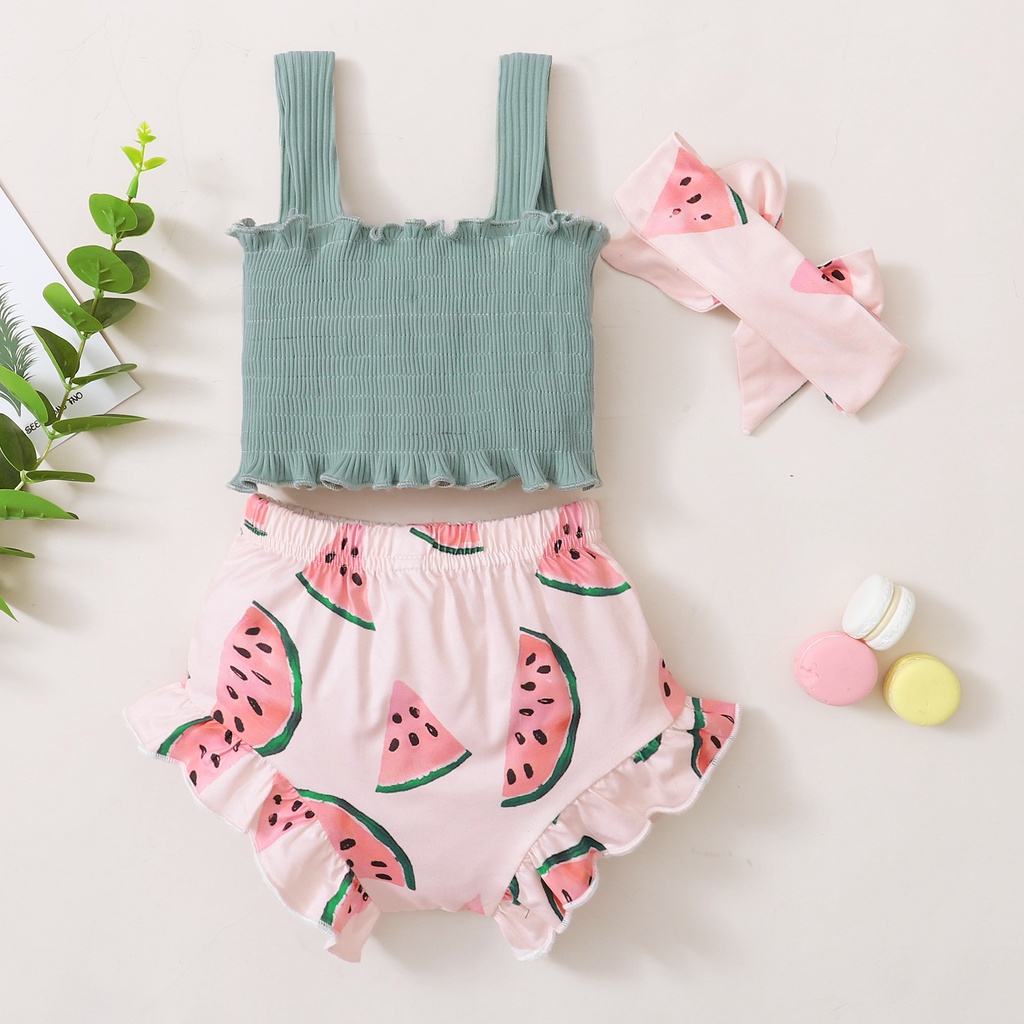 Set Áo dây MIKRDOO phối nơ và Quần ngắn hình dưa hấu có Băng đô năng động cho bé gái