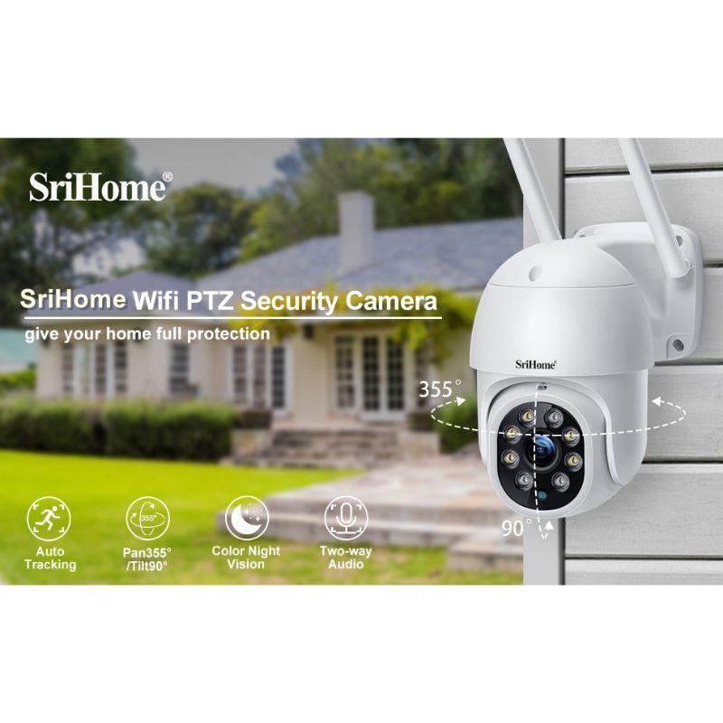 Camera wifi ngoài trời chống nước PTZ Srihome FullHD1080 xoay 360 độ có đèn Led quay đêm có màu