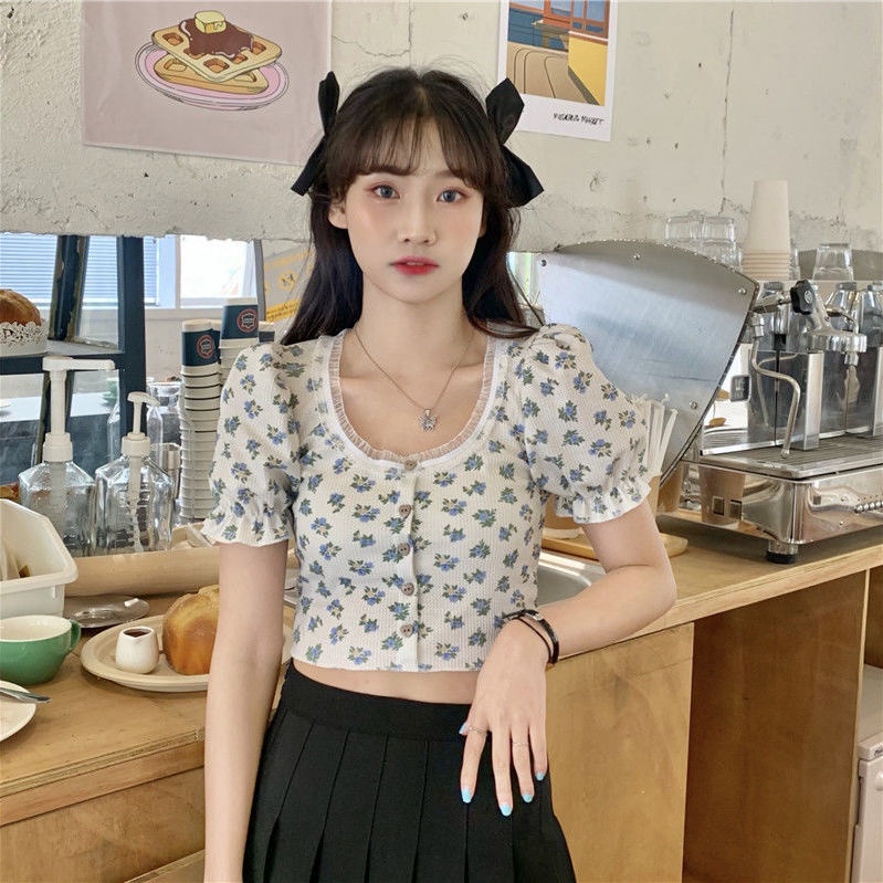 Áo Len Tăm Gân Tay Ngắn Phồng Hở Rốn In Họa Tiết Hoa Nhí Xinh Xắn Thời Trang Kiểu Pháp Cho Nữ | BigBuy360 - bigbuy360.vn
