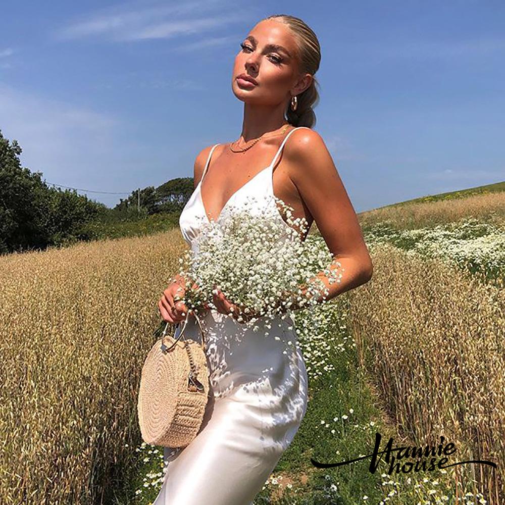 Đầm hai dây dáng dài cổ chữ v lưng cao xẻ tà quyến rũ cho nữ