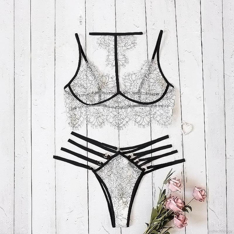 New Two-color Perspective Lace Three-point Sexy Bra Set