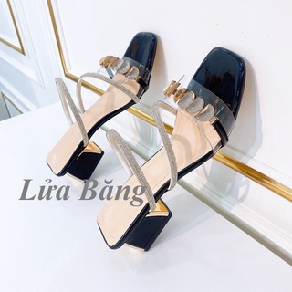 (Xả hết kho) Sandal dép guốc cao gót nữ quai dây đá kim tuyến mặt trăng nhũ Gót Vuông 5 Phân M35