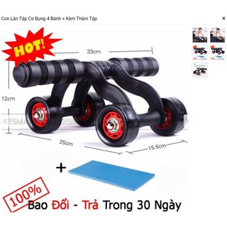 Con Lăn Tập Cơ Bụng 4 Bánh + Kèm Thảm Tập