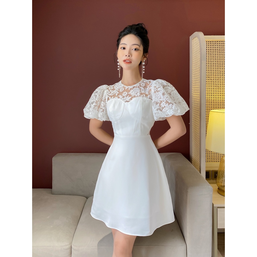 Váy thiết kế dáng xòe phối ren cutout sườn LYRA, đầm dáng xòe chất tuyết Hàn cao cấp tiểu thư-LWTVD543