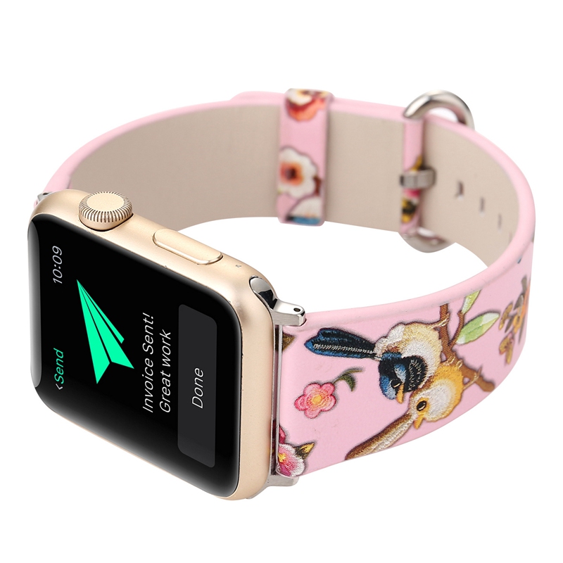 Dây Đeo Đồng Hồ Apple Watch 38mm / 40mm / 42mm / 44mm Bằng Da Pu Họa Tiết Hoa Và Chim Thời Trang