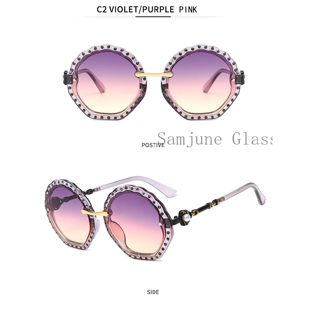 Kính mát Samjune gọng tròn bằng kim loại đính ngọc trai giả sang trọng cho nữ