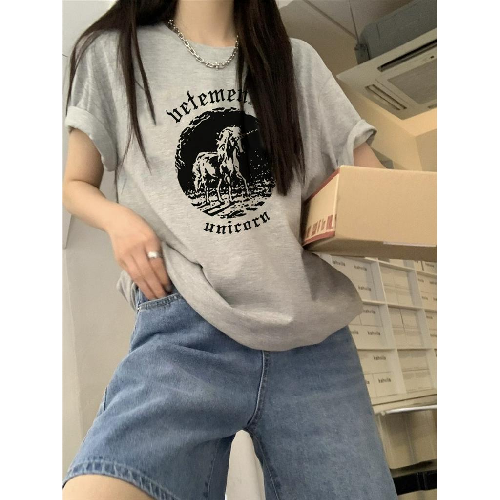 Áo Thun Tay Ngắn Dáng Rộng In Hình Kỳ Lân Phong Cách Hàn Quốc Thời Trang Mùa Hè 52921