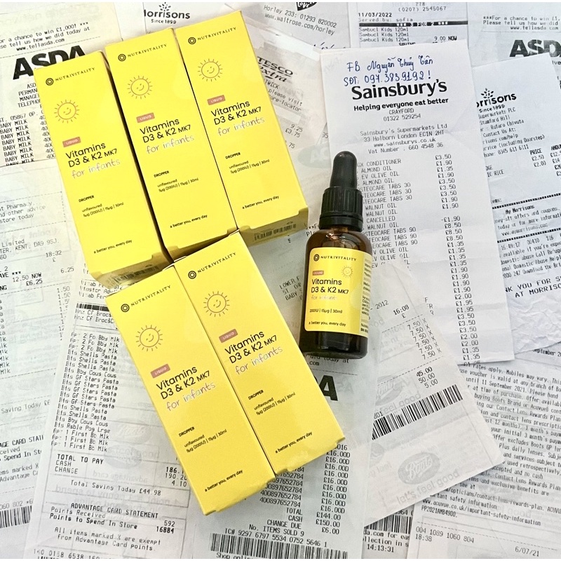 Vitamin D3 K2 MK7 của Anh quốc dạng giọt, tăng chiều cao cho trẻ sơ sinh và cho bé - 30ml 2023