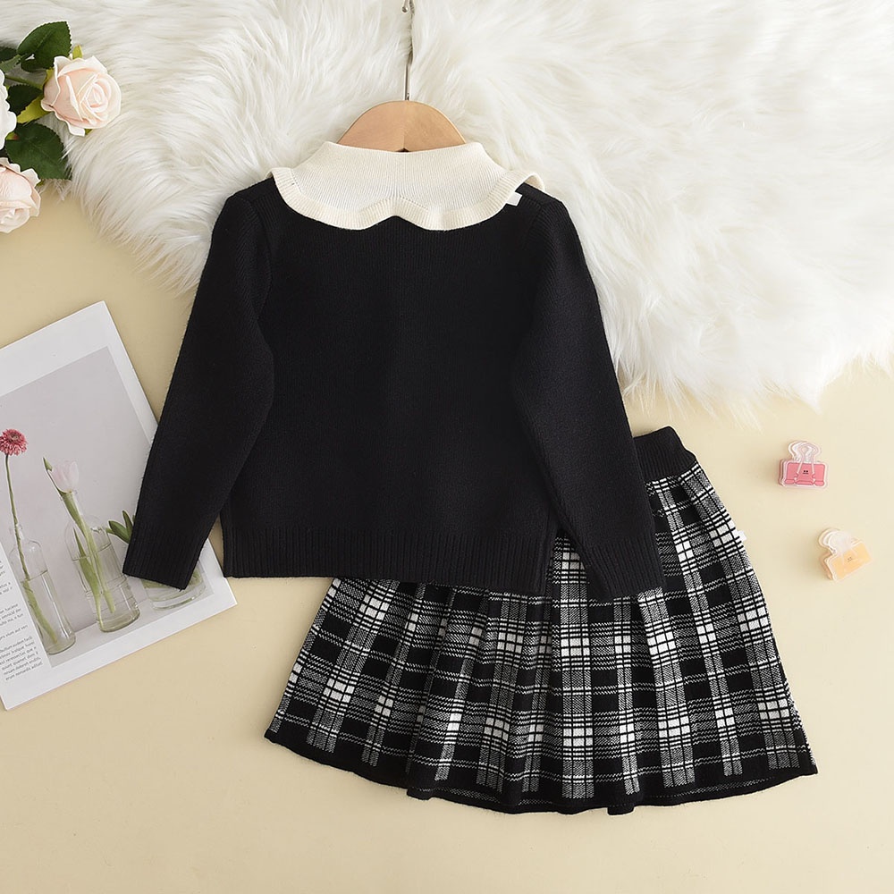 Bộ đồ BEAR LEADER gồm áo khoác cardigan len và chân váy xếp ly sọc caro thời trang mùa thu dành cho bé 3-7 tuổi