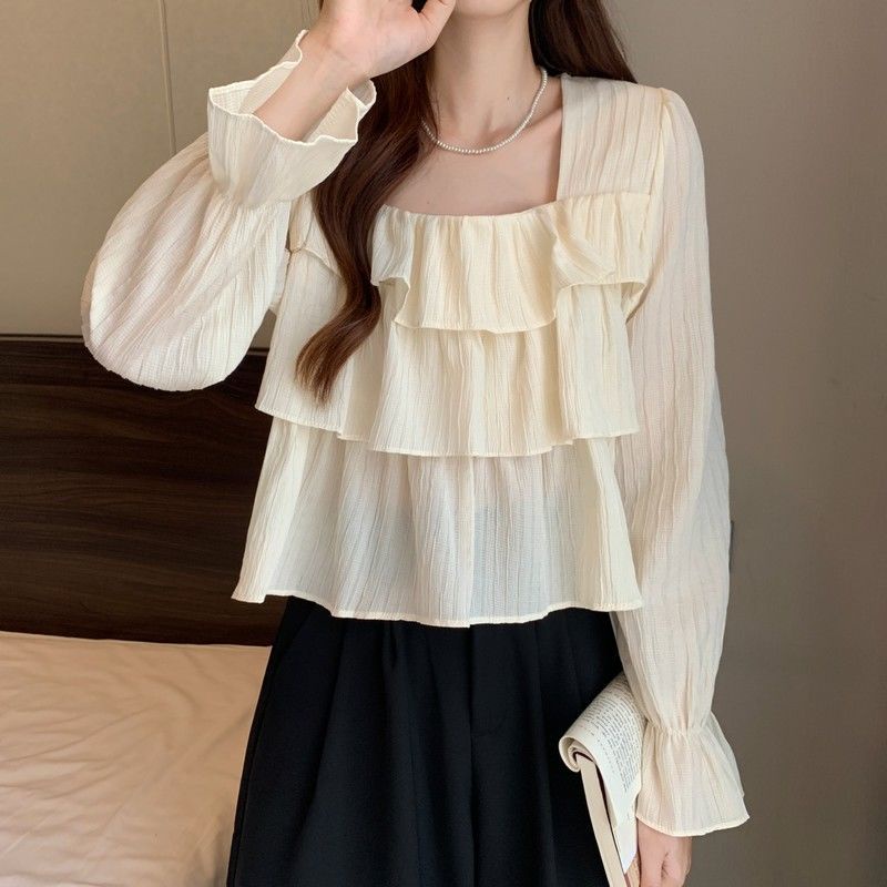 Áo Sơ Mi Cổ Vuông Ba Lớp Mỏng Phong Cách Thời Trang Mùa Thu Hàng Mới