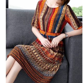 Đầm xòe họa tiêt thổ cẩm eo thun rút dây, đẹp y hình siêu sang