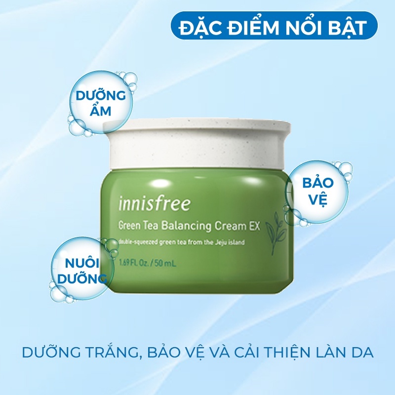 Kem dưỡng ẩm cấp nước chiết xuất từ lá trà xanh Innisfree Green Tea Cream EX Hàn Quốc 50ml giúp da mềm mịn tự nhiên