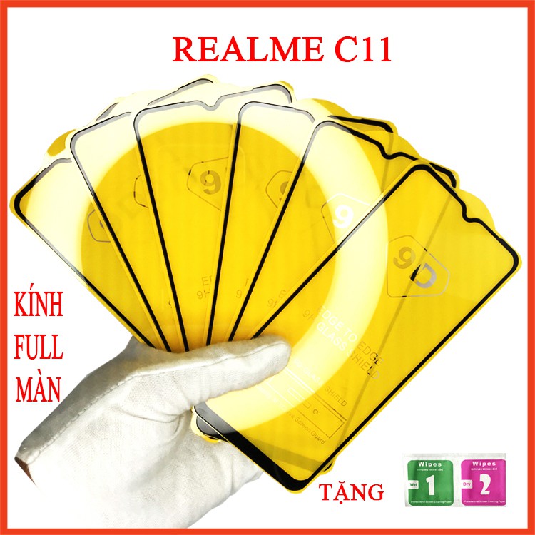 Kính cường lực REALME C11, Kính cường lực full màn hình, Ảnh thực shop tự chụp, tặng kèm bộ giấy lau kính