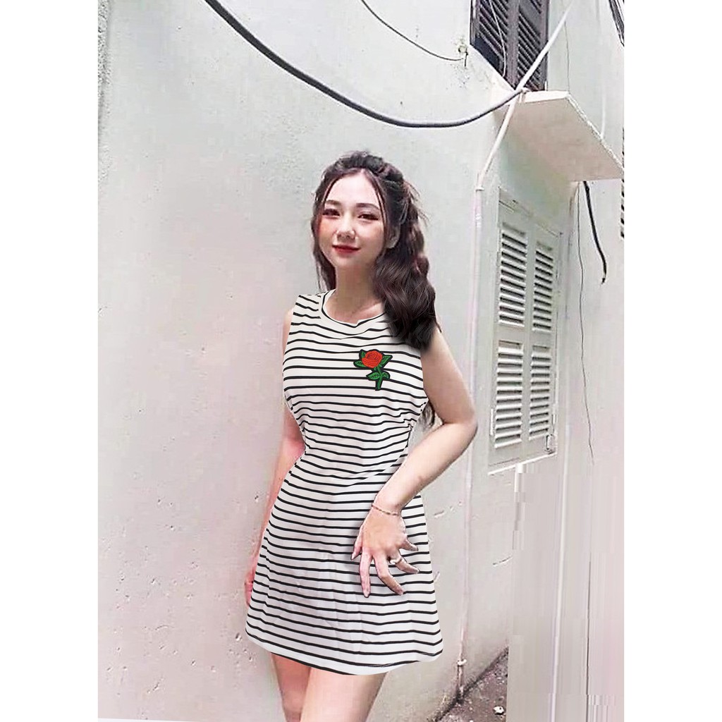 D01-55🍀VÁY KẺ NGANG THÊU HOA HỒNG🍀