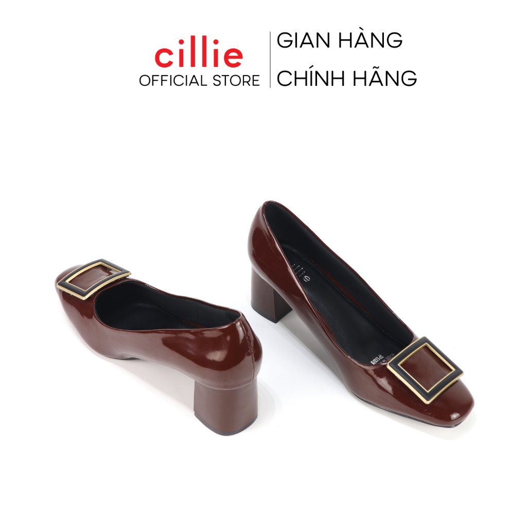 Giày cao gót nữ mũi vuông thời trang da bóng phối khóa sang trọng độc lạ gót trụ 6cm đi làm dạo phố Cillie 1209 KX