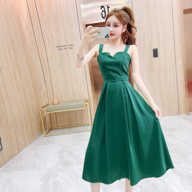 Đầm 2 Dây Xòe Dáng Dài Cổ V LSEOUL V1081 Chất Dày Dặn Ngọt Ngào Nữ Tính