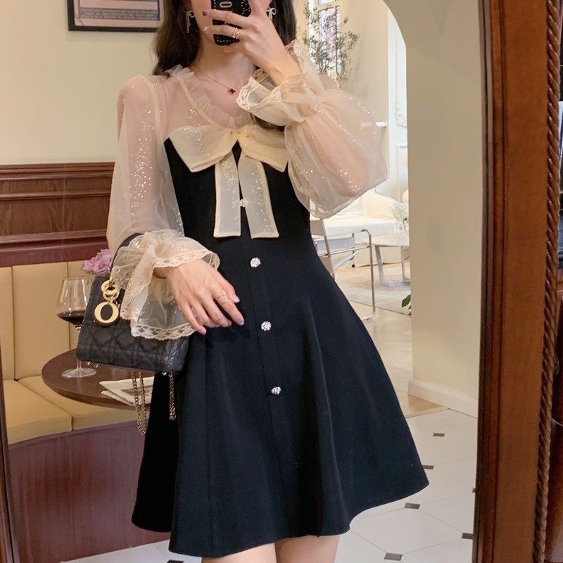 SẴN🎀Váy tiểu thư dáng suông xoè đen phối tay voan lấp lánh ngực nơ cúc ngọc sang chảnh dự tiệc