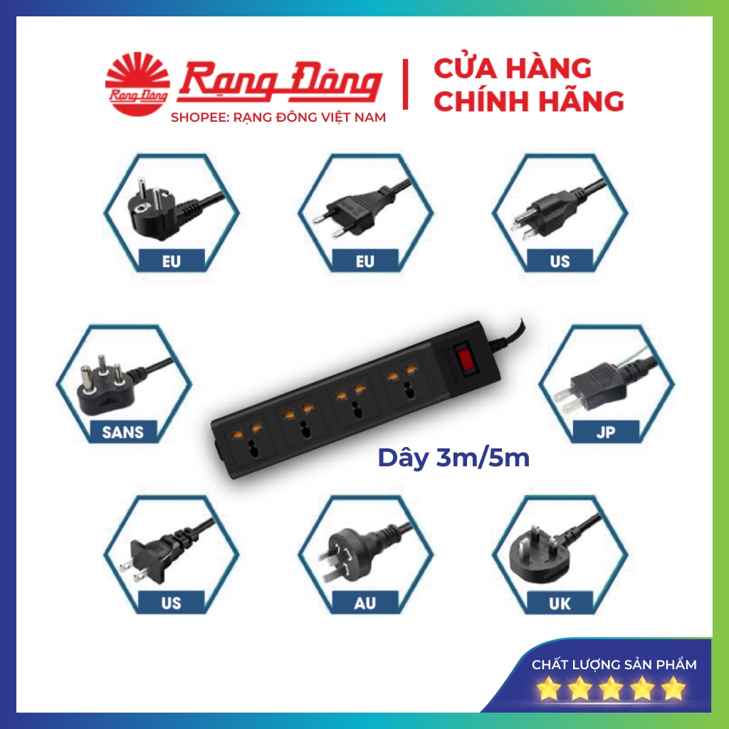 Ổ cắm điện đa năng Rạng Đông 3m, 5m chịu tải cao, Model: OC02 4C/3M/10A