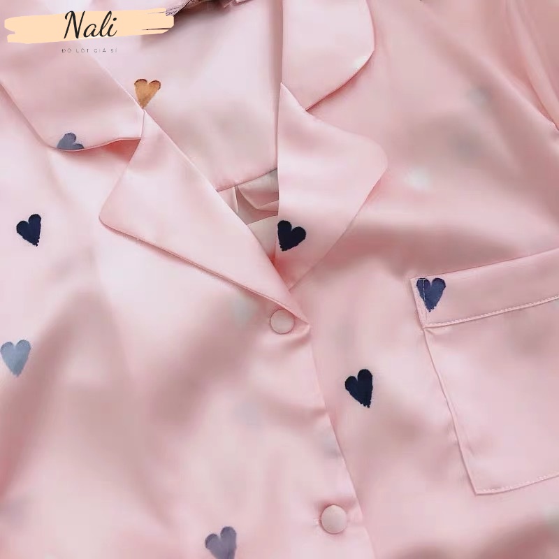 Bộ pijama cộc tay lụa satin hình trái tim dễ thương, bộ đồ ngủ đồ bộ đùi mặc nhà trái tim 4 màu siêu đẹp NL116 | BigBuy360 - bigbuy360.vn