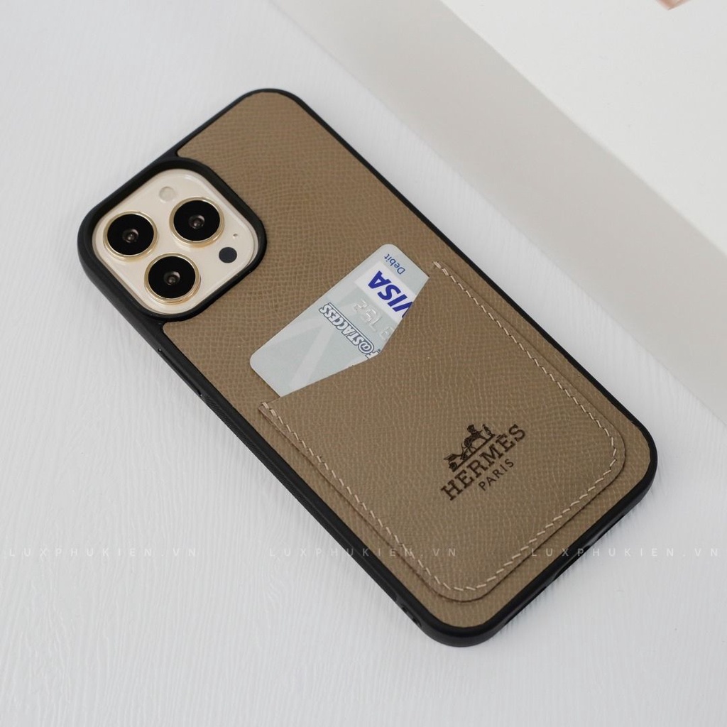 Ốp da thủ công Epsom viền đen khe thẻ khắc chữ cho IPhone 14/14Plus/14Pro/14Promax/13/13Pro/13Promax/12Prm ODTC143