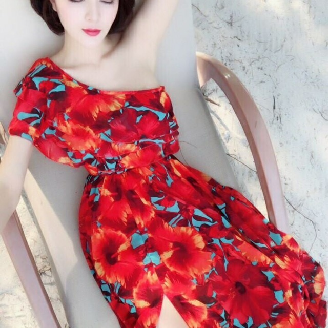 [Hình thật] Đầm Maxi bèo lệch vai hoa cam đi biển, đi chơi, đi tiệc cực đẹp | BigBuy360 - bigbuy360.vn