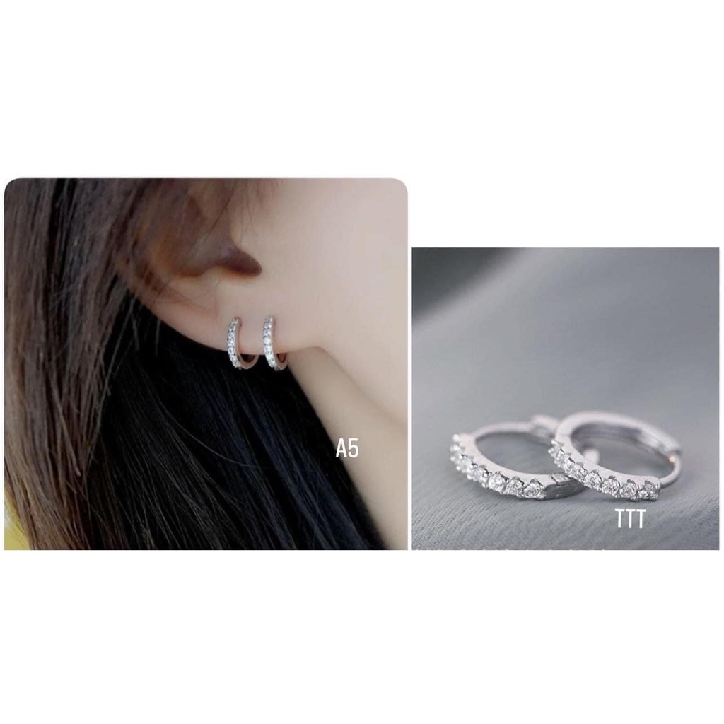 Khuyên tai nữ đính đá bạc thật dáng tròn đeo sát tai LINH MIU SILVER