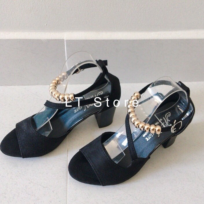 Giày cao gót 7cm hở mũi chéo hông vòng cổ phối hạt (có ảnh thật)