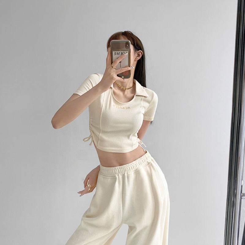 Áo Thun Dệt Kim Tay Ngắn Dáng Ôm Phối Dây Rút Thời Trang Mùa Hè Cho Nữ