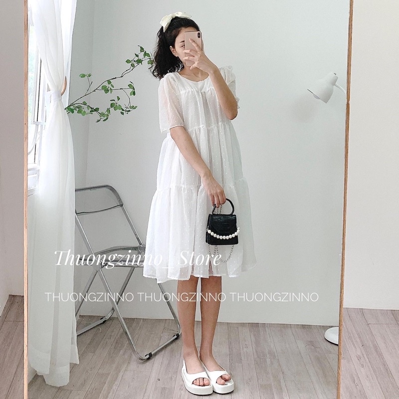 [Ảnh thật/Video]Đầm babydoll White dáng dài  ba tầng hạt nổi chất voan tơ đẹp nhẹ nhàng Váy lụa Hàn