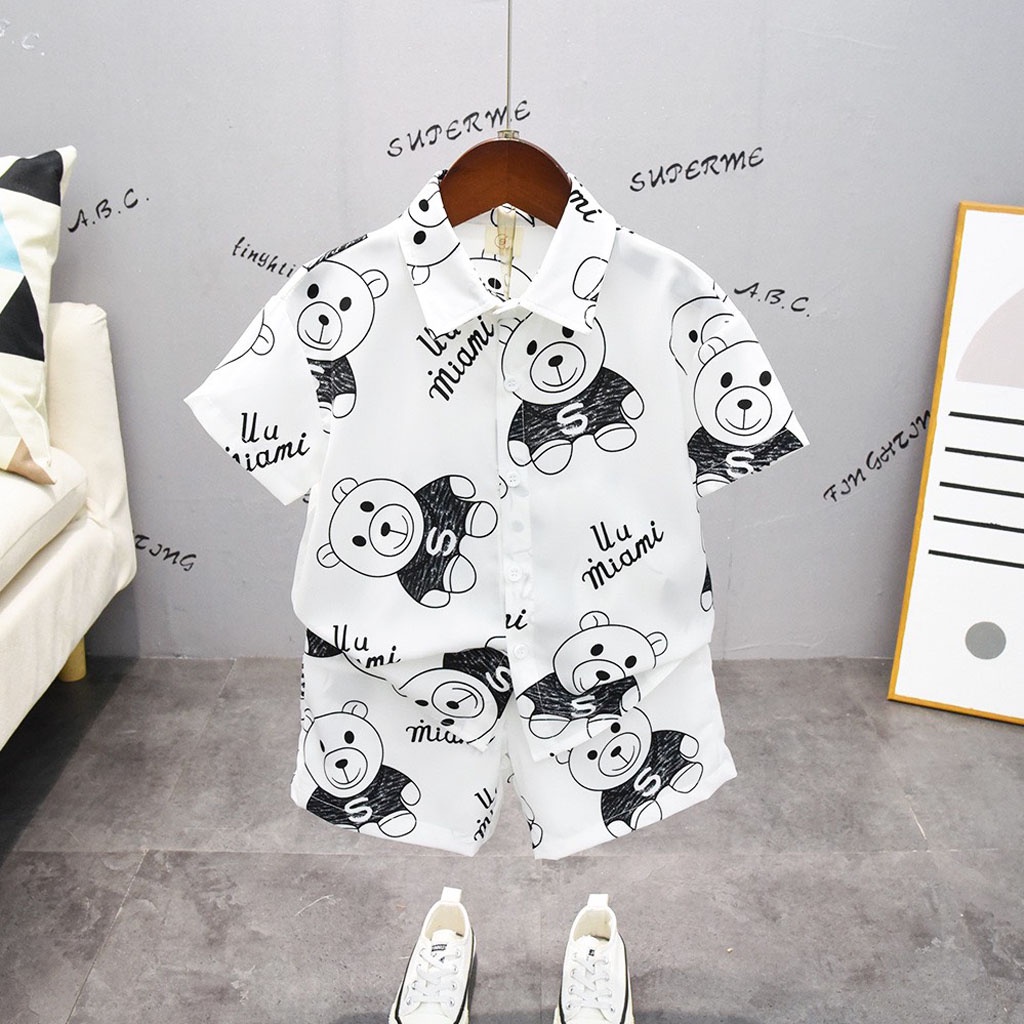 Bộ Ngủ Lụa Cộc Tay Cho Bé In Hình Gấu Bông, Đồ bộ Pijama bé trai bé gái mặc đều xinh từ 7-27kg - LILA KIDS