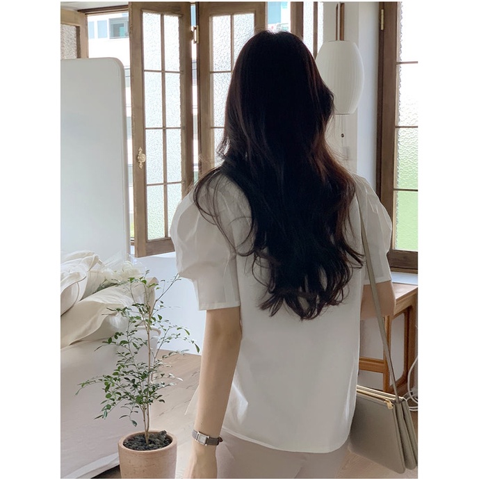 SUXI Áo Sơ Mi Tay Ngắn Cổ Chữ V Màu Trơn Phối Nút Đơn Giản Phong Cách Hàn Quốc Cho Nữ